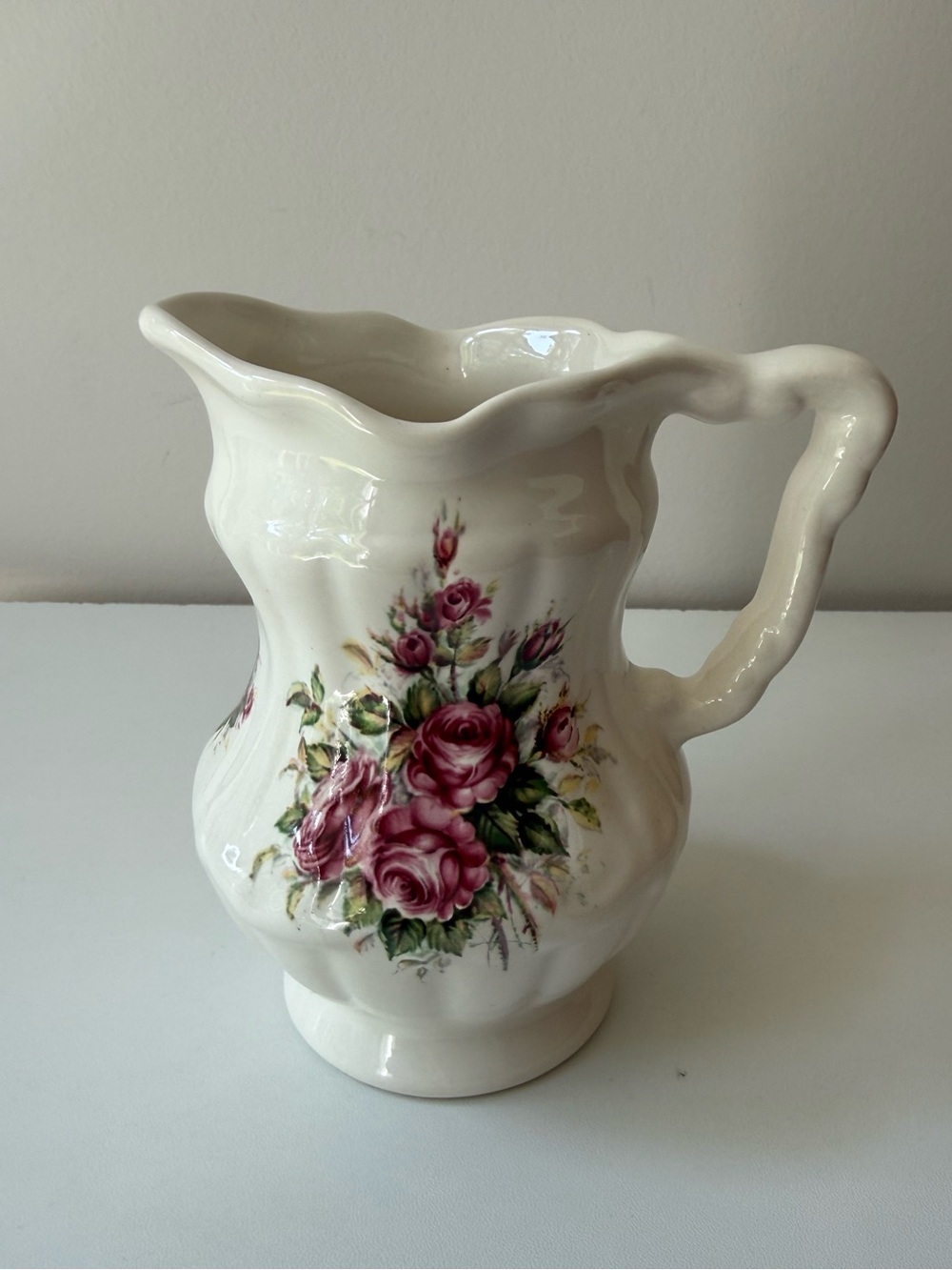 Floral Ceramic Pitcher - Cream with Pink Rose Motif